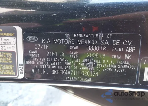2017 Kia Forte Lx from USA, damaged, VIN 3KPFK4A71HE026178